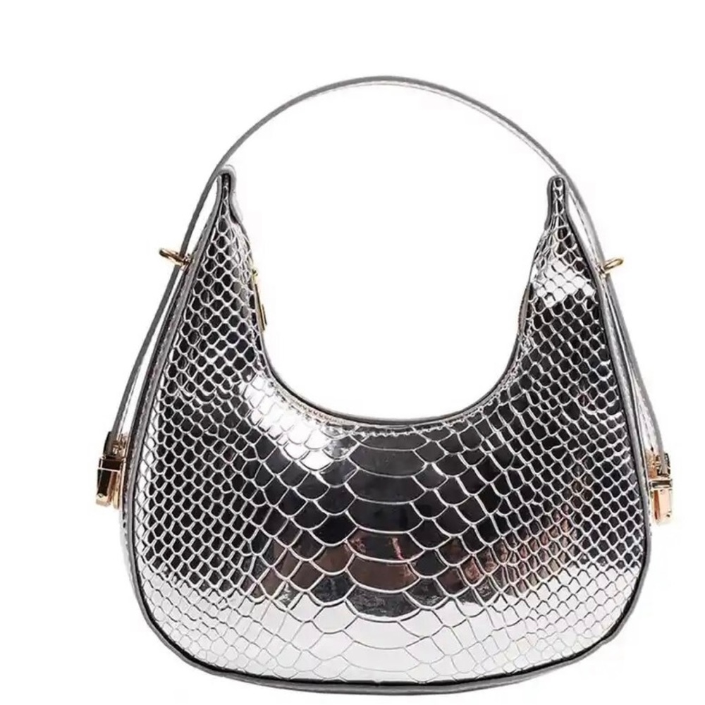 Silver Metallic Bag Crocodile Pattern